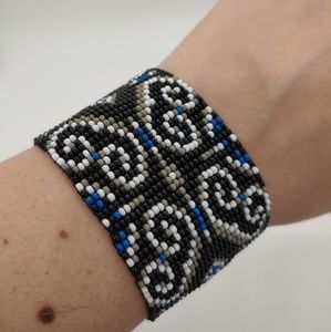 Loom Beaded Bracelet Black, Gray, White and Blue P